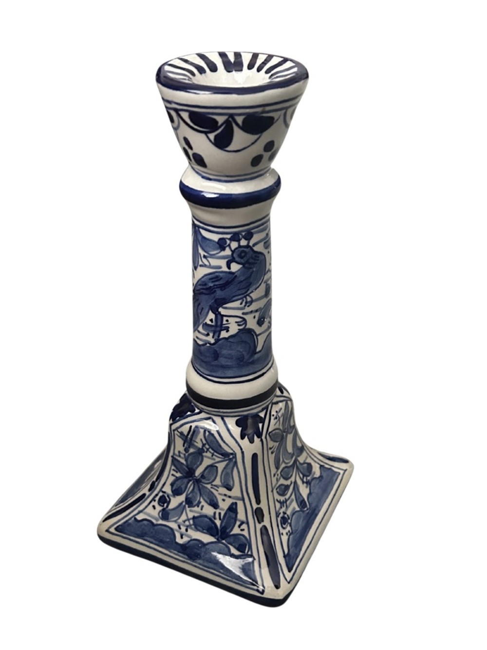 Hand Painted Peacock Ceramic Candlestick Holder | Made in Portugal | Blue/White
